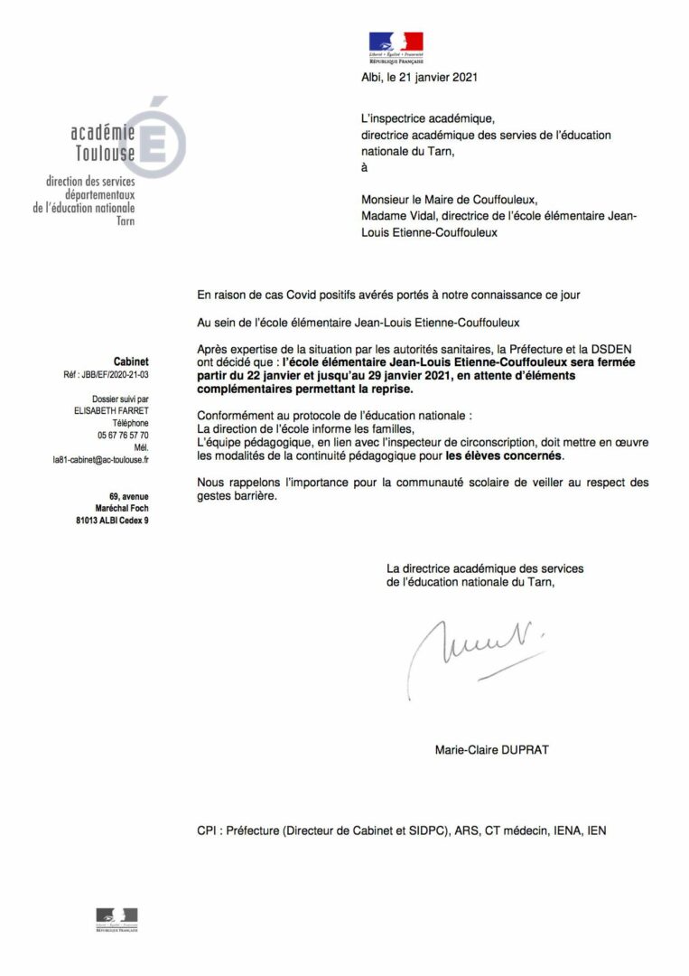 Courrier fermeture école élementaire JL Etienne-Couffouleux