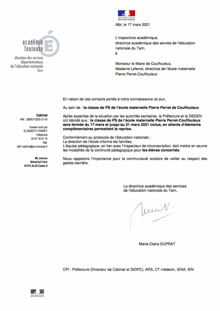 Courrier fermeture classe PS école maternelle Pierre Perret-Couffouleux